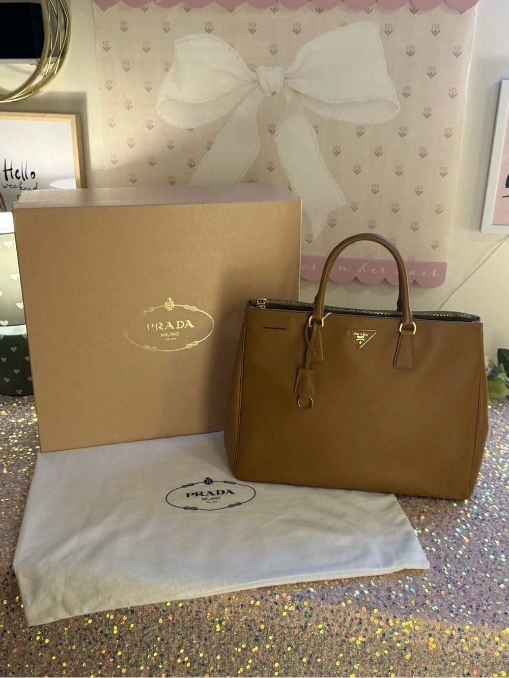 Authentic Prada Saffiano Lux XL Double Zip Executive Tote in Caramel - EUC